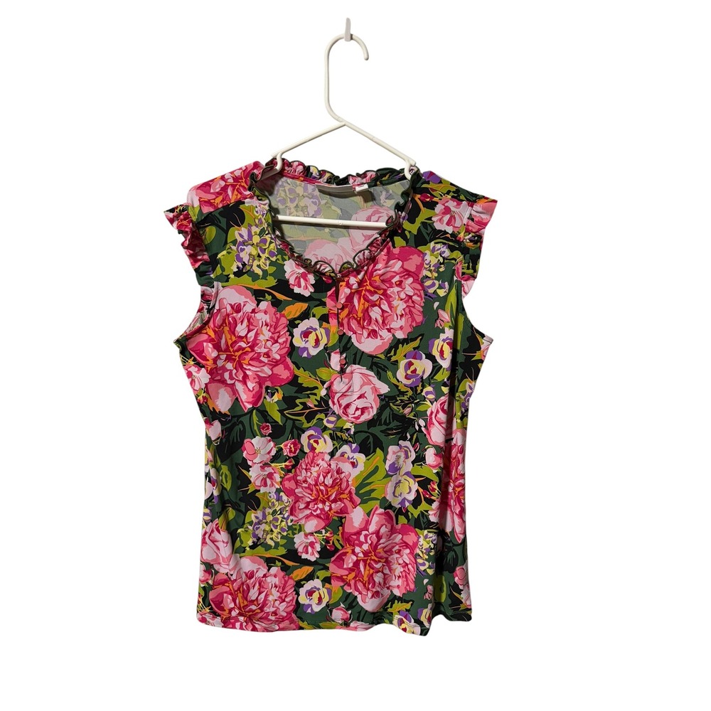 Susan Graver Size Medium Pink Floral Ruffle V-Neck Sleeveless Knit Top Green